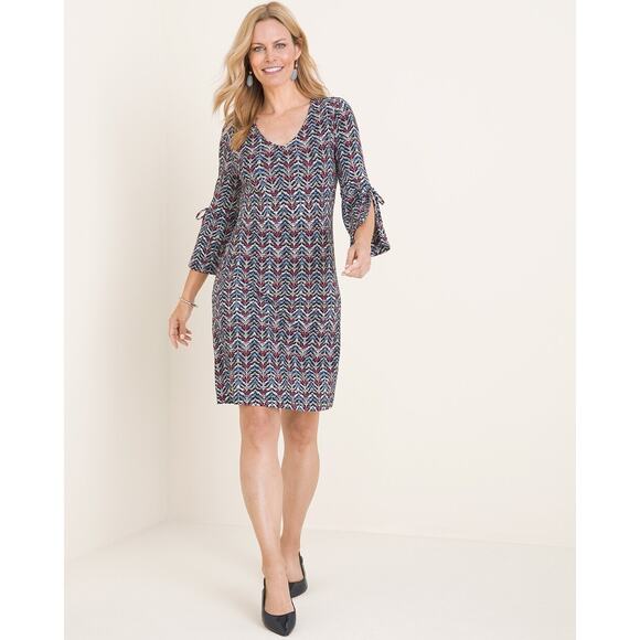 Chico's Dress‎ M Petite 1P MP Printed 3/4 Sleeve Detail Trapeze V-Neck Blue Pink - Picture 1 of 9